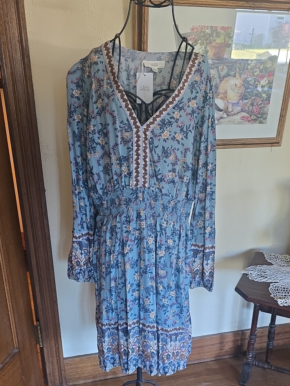 Lucky Brand Sky Blue Floral V-Neck Smocked Waist Long Sleeve Dress